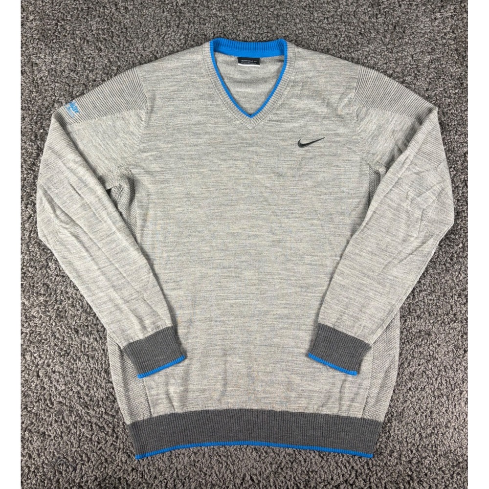 Nike Golf Tour Performance Merino Wool V-Neck Sweater Gray Blue Mens Medium
